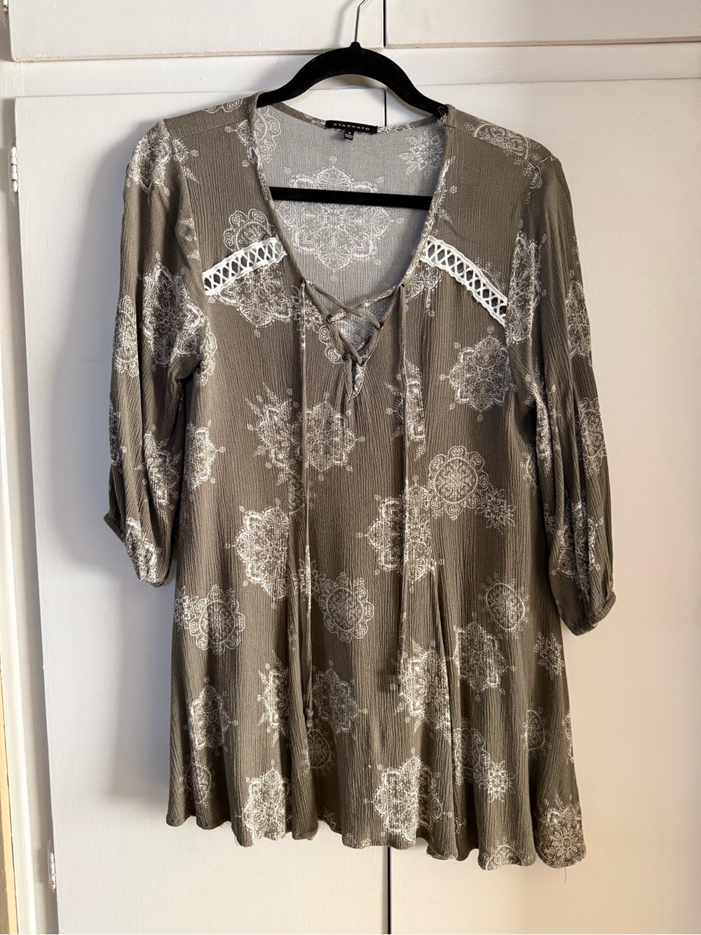 Staccato Taupe Floral Lace-Up Tunic with Crochet Trim
